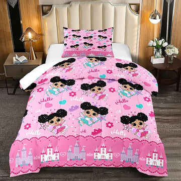 Girl Comforter Set Twin Size, Black Girl Comforter Set, African American Little Girl Twin Comforter Sets Decor for Girls Bedroom 2 Piece Pink Twin Quilt Set with 1 Comforter 1 Pillowcases