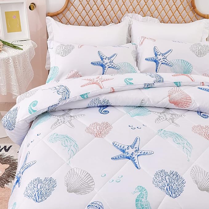 JSD Beach Theme 2 Piece Twin Kids Comforter Set, Jellyfish Starfish Shell Printed Comforter with Pillow Sham, Soft Comfortable Machine Washable