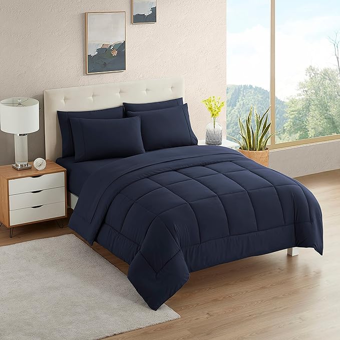 Dorm Room Essentials College Bedding Comforter Set 5 Piece Twin Size Bed in a Bag for College Students Boys and Girls, Twin, Navy Blue