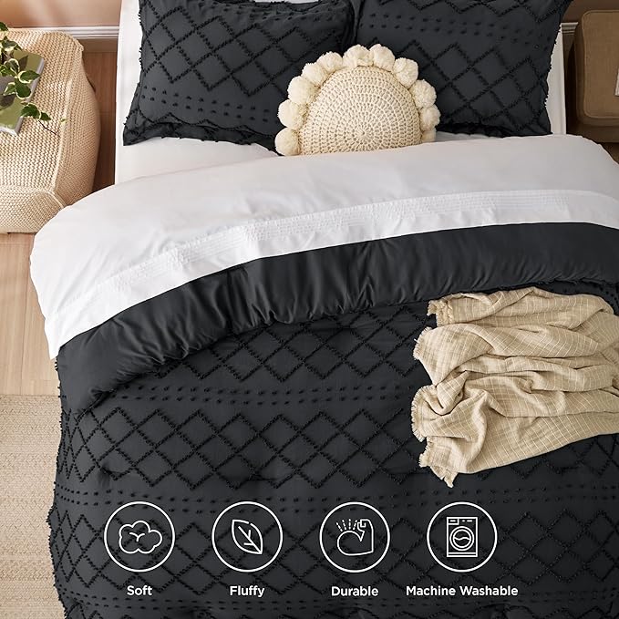 Bedsure Full Size Comforter Set - Black Comforter, Boho Tufted Shabby Chic Bedding Comforter Set, 3 Pieces Vintage Farmhouse Bed Set for All Seasons, Fluffy Soft Bedding Set with 2 Pillow Shams