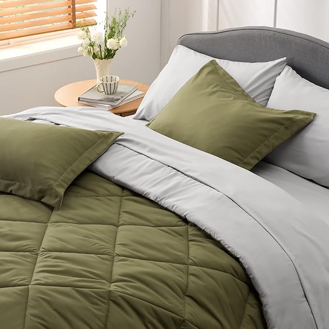 Bedsure Olive Green Twin XL Comforter Set - 5 Pieces Reversible Twin XL Bed in a Bag Twin XL Bed Set with Comforters, Sheets, Pillowcase & Sham, Twin XL Bedding Sets