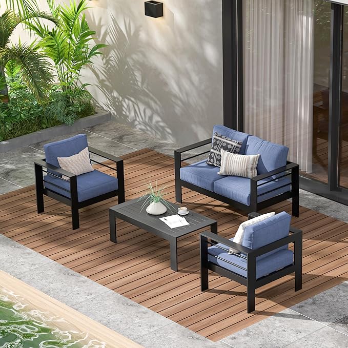 Wisteria Lane 4-Piece Aluminum Patio Furniture Set, Outdoor Furniture with Coffee Table, Metal Sofa Set for Deck, Porch, Balcony, Indoor, Black Frame & Blue Cushion