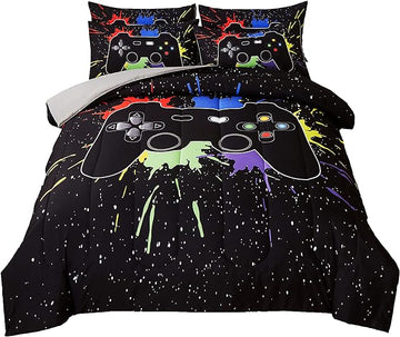 Gamer Comforter Sets Twin Size for Boys Teen,Game Controller Printed Colorful Comforter with Pillowcase, 2 Piece Video Gaming Bedding Set for Game Lovers,All Season(Black,Twin)