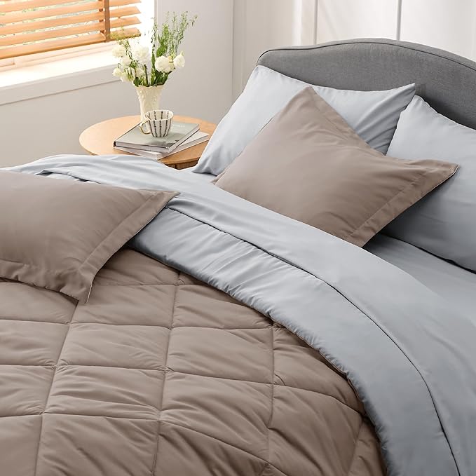 Bedsure Taupe California King Size Comforter Set - 7 Pieces Reversible California King Bed in a Bag King Bed Set with Comforters, Sheets, Pillowcases & Shams, California King Bedding Sets