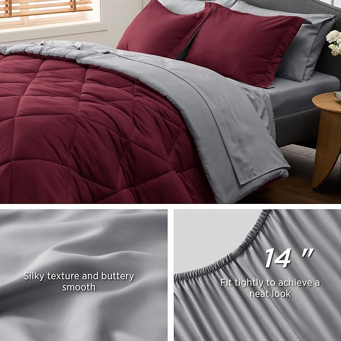 Bedsure Burgundy 7 Piece Reversible Comforter Set - Bed in a Bag with Comforters, Sheets, Pillowcases & Shams