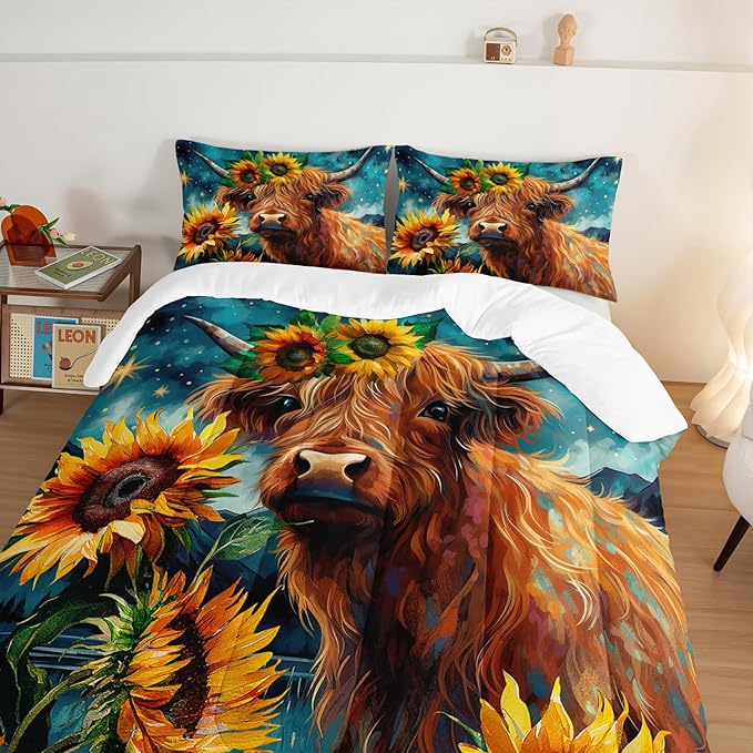 HOSIMA Highland Cow Comforter Set,Western Farmhouse Animals Cow and Sunflower Print Bedding Set 3Pcs with 2 Pillowcases,Galaxy Star Moon King Size Comforter Set,Floral Wild Animal Room Decor.