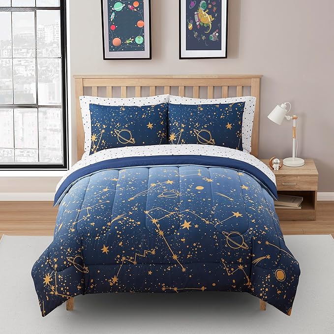 Kids Bedding Set Bed in a Bag for Boys and Girls Toddlers Printed Sheet Set and Comforter, Full, Galaxy