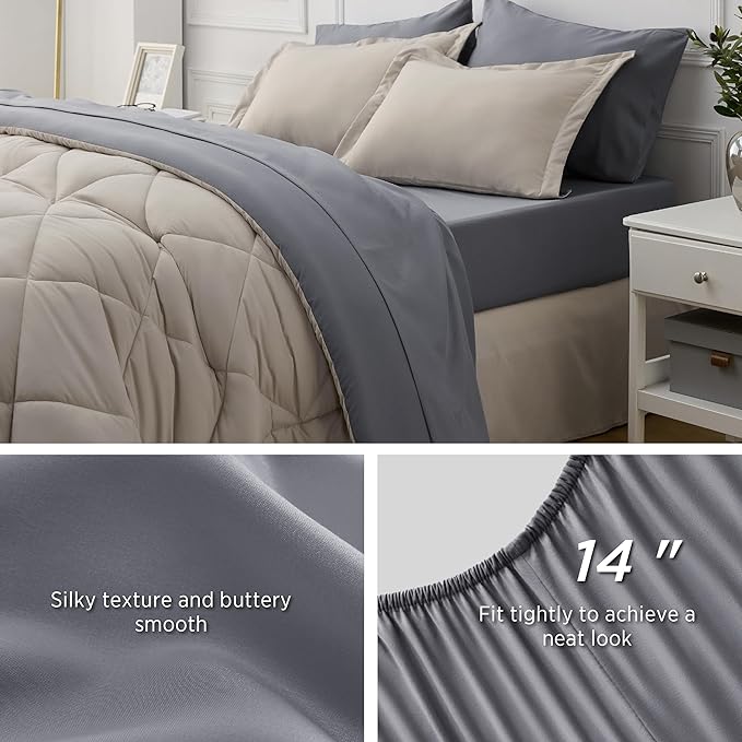 Bedsure Beige Comforter Set - 7 Pieces Reversible Bed in a Bag with Comforters, Sheets, Pillowcases & Shams, Bedding Sets