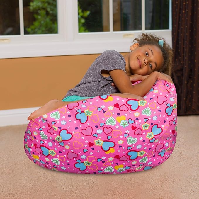 Posh Creations Bean Bag Chair for Kids, Teens, and Adults Includes Removable and Machine Washable Cover, Canvas Multi-Colored Hearts on Pink, 27in - Medium