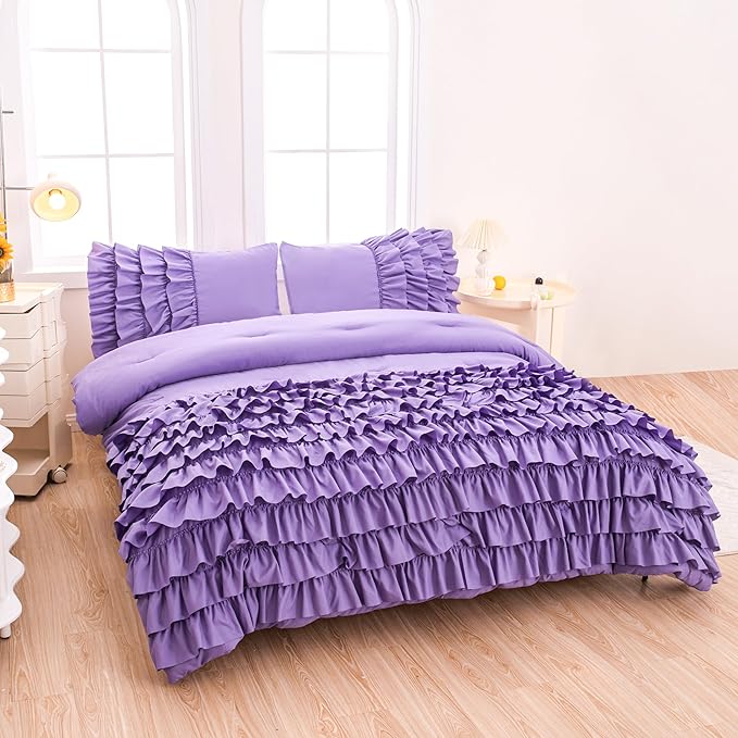 Full Size Comforter Set for Girls, Purple Ruffle Bedding Set Full, 5 Pcs Bed in a Bag for Girls, Purple Comforter Sets Full with 1 Fitted Sheets, 1 Flat Sheet, 1 Comforter, 2 Pillowcases