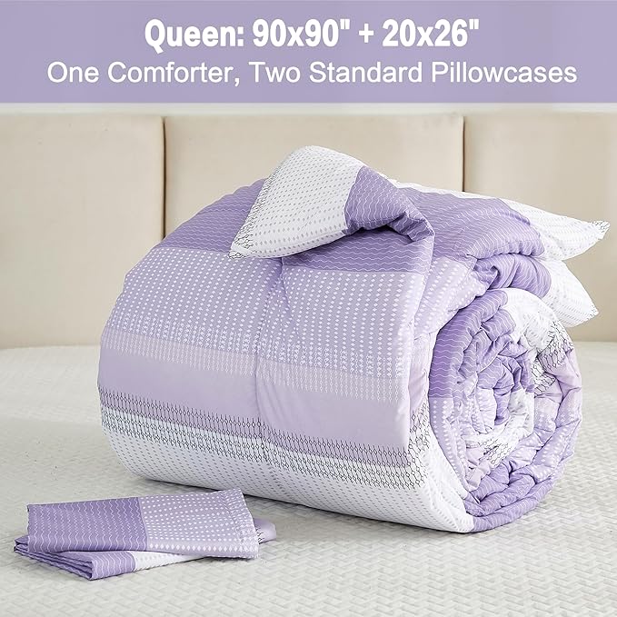 Litanika Lavender Comforter Set Queen - 3 Pieces Lightweight Lavender Purple White Colorblock Stripe Fluffy Bedding Comforter Sets, All Season Bed Set