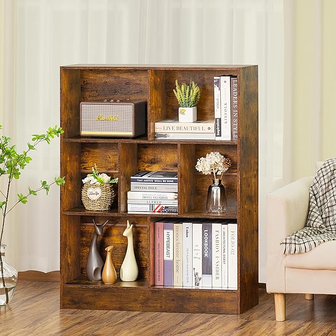 LEYAOYAO 7 Cube Bookshelf with Base,3 Tier Mid-Century Modern Brown Bookcase,Standing Wide Bookshelves Storage Organizer Shelf,Rustic Wood Display Cabinet Book Shelves for Bedroom,Living Room,Office