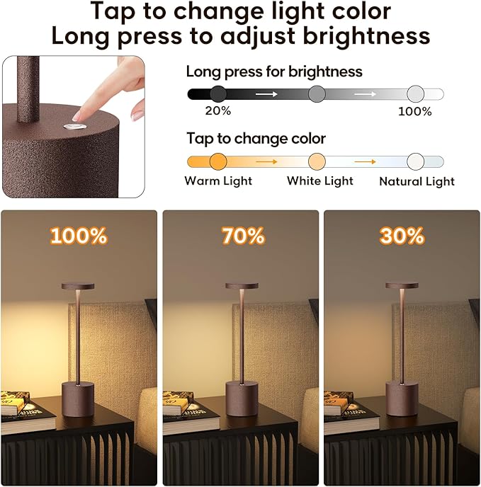 Rechargeable Cordless LED Table Lamp, 6000mAh Battery Operated 3 Level Dimmable Portable Tables Lights Reading Lamps for Restaurant Dining 2Pack Rust Desk Lamps