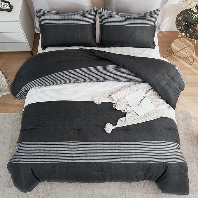 Litanika King Bed Comforter Set Black White Grey - 3 Pieces Lightweight Bedding Set, All Season Down Alternative Comforter (1 Comforter, 2 Pillowcases)