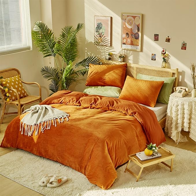 Burnt Orange Color Velvet Comforter Set King Solid Rust Color Flannel Velvet Bedding Comforter Set All Caramel Colour 3 PCs Shaggy Soft Warm and Durable Flannel Blanket King