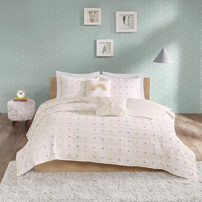 Quilt Set Cotton Jacquard Weave Colorful Poms Accent All Season Shabby Chic Bedding Coverlet Bedspred, Girls Bedroom Décor, Twin, Multi 4 Piece XL