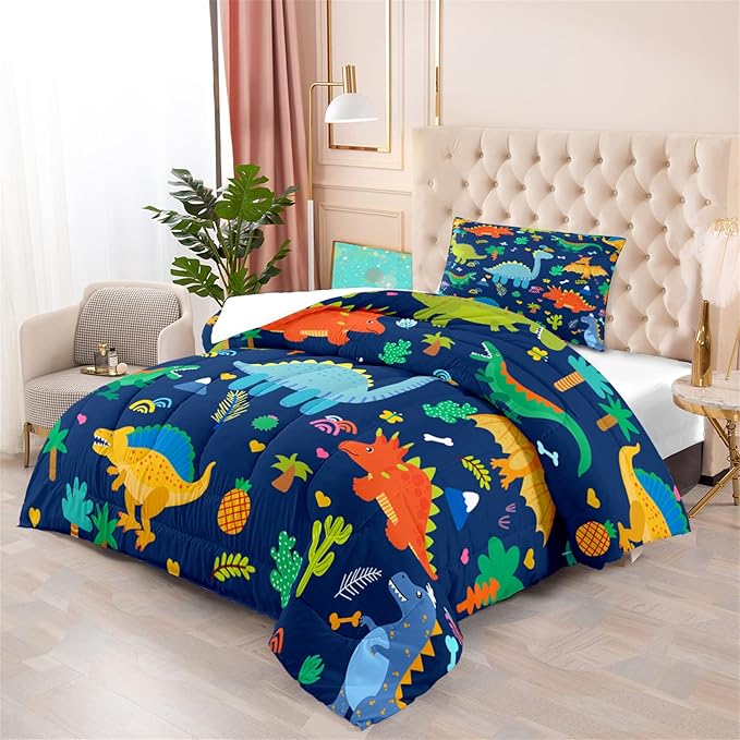 Cartoon Dinosaur Comforter Set for Kids Dark Blue Dinosaur Twin Comforter Set for Boys Dinosaur Kids Bedding Set Soft Breathable Twin Dinosaur Quilt with 1 Pillowcase for All-Season, Twin Size