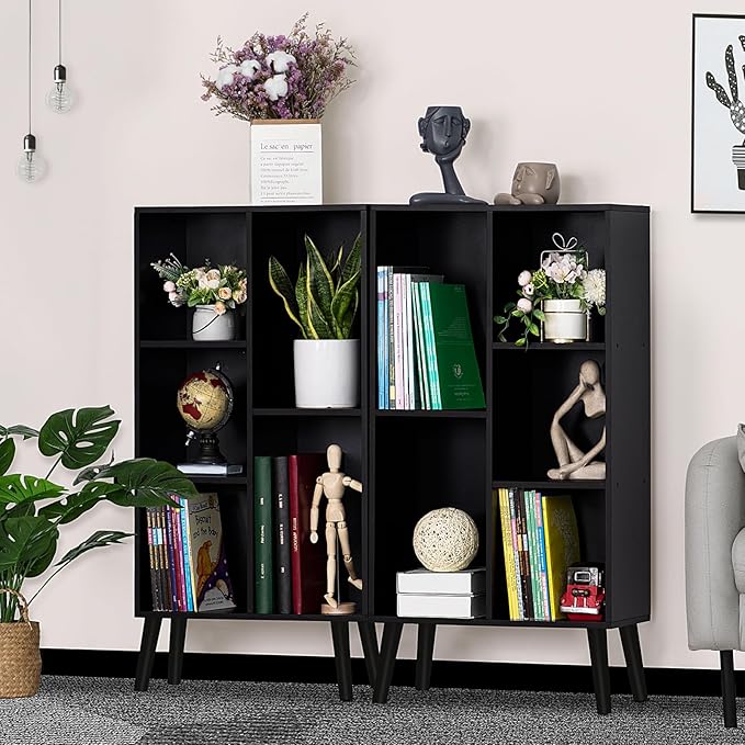 YAHARBO Small Black Narrow Bookshelf,3 Tier Modern Bookcase with Legs,Bookshelves Wood Storage Shelf,Rustic Book Shelves Cube Organizer,Display Bookcase