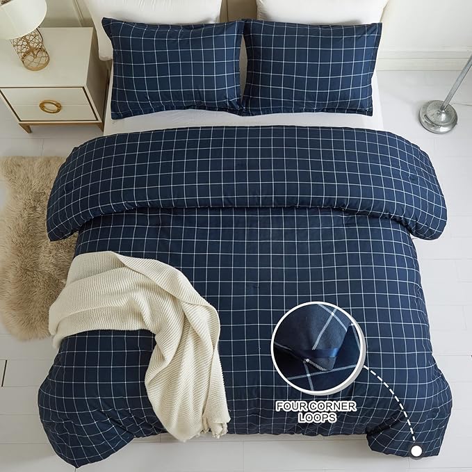 Andency Navy Grid Comforter Set King Size (104x90 Inch), 3 Pieces(1 Grid Comforter and 2 Pillowcases), Summer Lightweight Microfiber Down Alternative Navy Comforter with White Lines