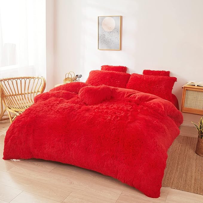 FOPPA Christmas red Comforter Cover Set Queen - Ultra Soft Plush red Bedding Sets 3 Pieces (1 Faux Fur Duvet Cover + 2 Faux Fur Pillow case) red Bed Set Queen (Red, Queen)