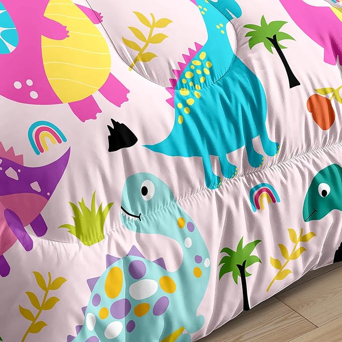 Girls Bedding Dinosaur Comforter Set Queen, Cute Dinosaur Bedding Set for Girls Adults Soft Breathable Dino Quilt Kids Queen Comforter Set, 1 Comforter 2 Pillowcase