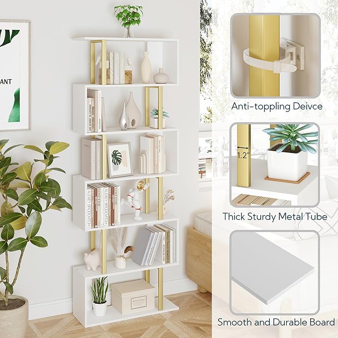 Yusong Geometric Bookcase, S Shaped Bookshelf 6-Tier Book Shelves for Bedroom, Modern Wood Decorative Display Shelf Tall Book Case for Home Office, Gold and White
