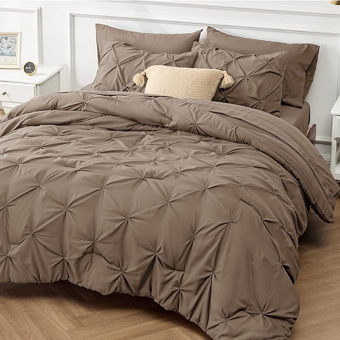 Bedsure Twin XL Comforter Set - Extra Long 5 Pieces Dorm Room Essentials, Pinch Pleat Brown Bed in a Bag with Comforter, Sheets, Pillowcase & Sham, Kids Bedding Set