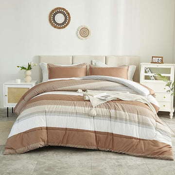 Litanika Queen Comforter Set Beige - 3 Pieces Lightweight Taupe Khaki White Colorblock Stripe Fluffy Bedding Comforter Sets, All Season Bed Set