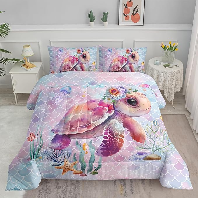 Axolotl Turtle Bedding Set Twin,Colorful Underwater World Comforter Set for Kids Boys Girls Teens,Ocean Comforter Set with Jellyfish,Kids Bedding Set Print Colorful Fish Scales,1 Quilt 2 Pillowcases