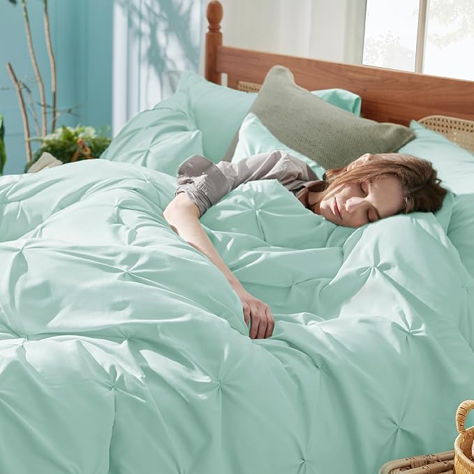 Bedsure Twin XL Comforter Set - Extra Long 5 Pieces Dorm Room Essentials, Pinch Pleat Mint Green Bed in a Bag with Comforter, Sheets, Pillowcase & Sham, Kids Bedding Set