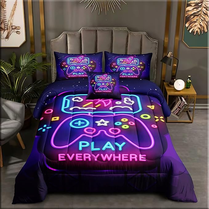 6 Pieces Gamer Bedding Set for Boys Gaming Comforter Full Size, Game Controller Comforter for Teen 3D Gamepad Microfiber 6 Piece Bed in A Bag Kids Bedding Sets with Sheets,DJT H5031 Full