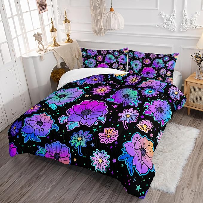 Axolotl Neon Floral Bedding Set Full,Gradient Floral Comforter Set for Girls,Colorful Flower Bedding Set Stars,Galaxy Series Comforter for Kids Boys Girls Teens Adults,1 Quilt 2 Pillowcases,Black