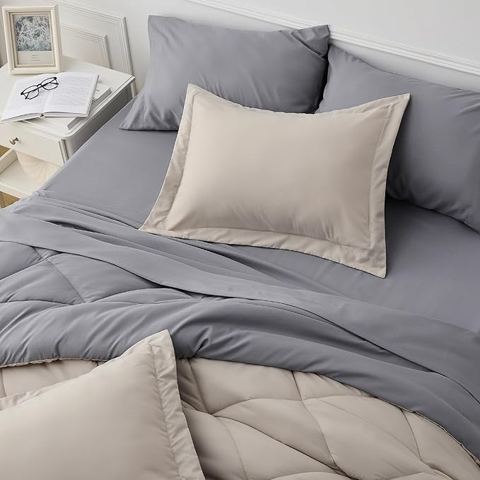 Bedsure Beige California King Comforter Set - 7 Pieces Reversible Bed Set Bed in a Bag California King with Comforters, Sheets, Pillowcases & Shams, California King Bedding Sets