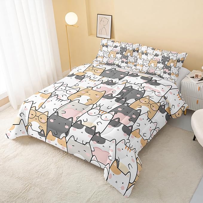 Kawaii Cat Comforter Full Size,Cats Comforter Set for Kids Teens Girls Boys,3Pcs Bedding Set Printed Comforter with 2 Pillowcases,Down Alternative,Soft and Lightweight，Full Size