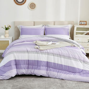 Litanika Lavender Comforter Set Twin/Twin XL - 2 Pieces Lightweight Lavender Purple White Colorblock Stripe Fluffy Bedding Comforter Sets, All Season Bed Set