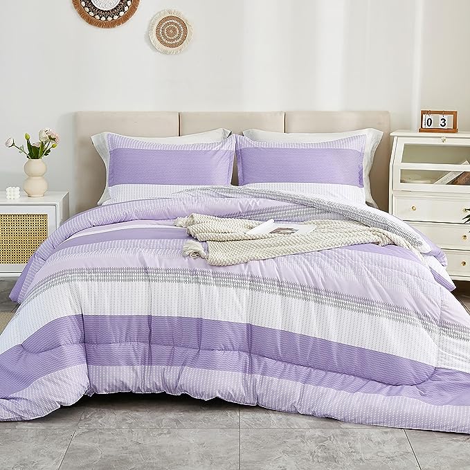 Litanika Lavender Comforter Set Twin/Twin XL - 2 Pieces Lightweight Lavender Purple White Colorblock Stripe Fluffy Bedding Comforter Sets, All Season Bed Set