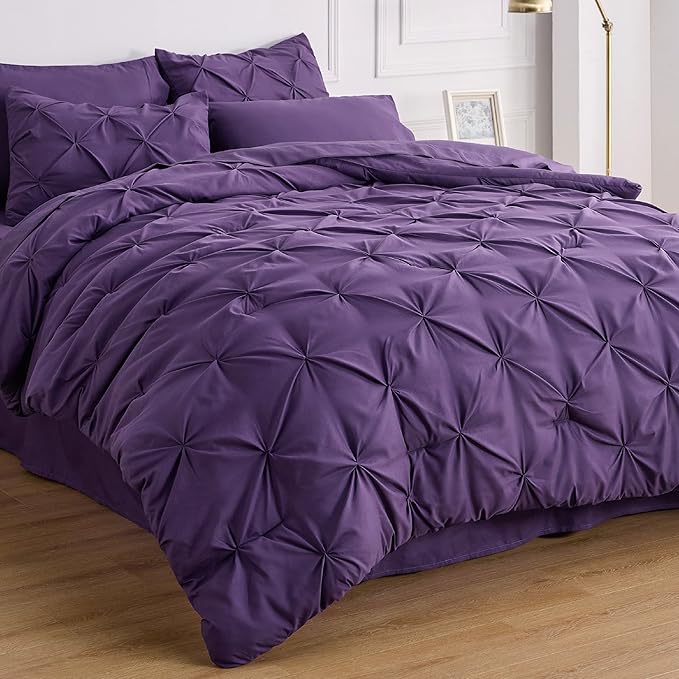 Bedsure California King Comforter Set - Cal King Bed Set 7 Pieces, Pinch Pleat Purple Cali King Bedding Set with Comforter, Sheets, Pillowcases & Shams