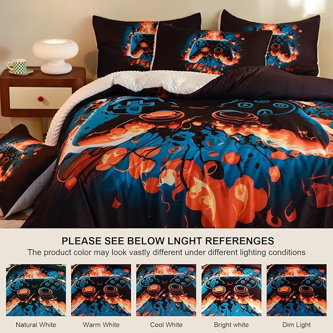 Video Game Full Size Comforter Set for Boys Kids Teens Gamepad Gaming Controller and Fire Pattern Bedding Set- 3 Piece Quilt with 2 Pillowcases (80"x90")