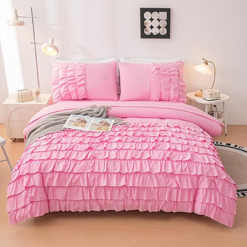 Pink Comforter Set Twin, 5-Piece Bed in a Bag Twin for Teen Girls, Pink Ruffle Bedding Set for Girls Kids, Teen Girls Bedding Sets,Princess Dress Comforter for All Season