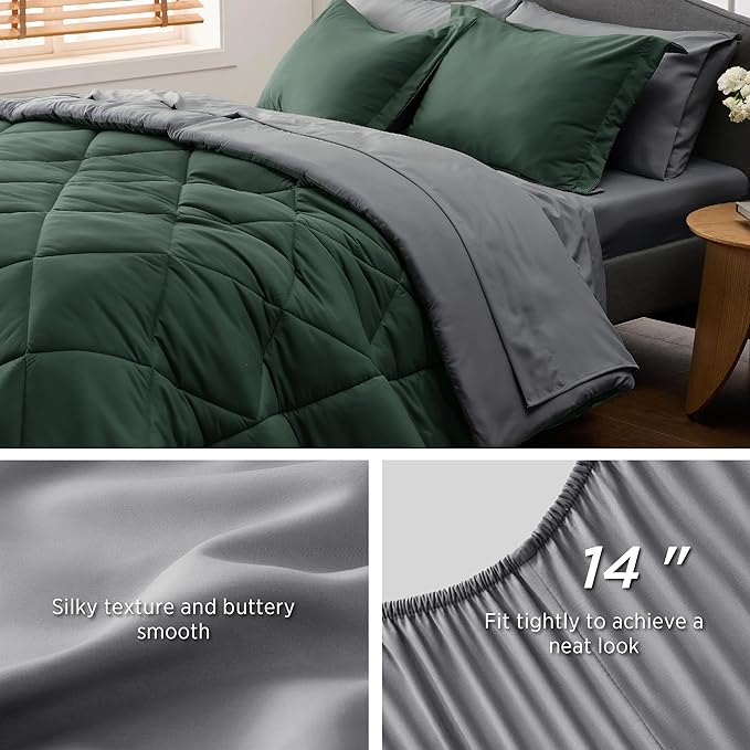 Bedsure Forest Green California King Size Comforter Set - 7 Pieces Reversible Cal King Bed in a Bag, Forest Green and Grey Bed Set with Comforters, Sheets, Pillowcases & Shams
