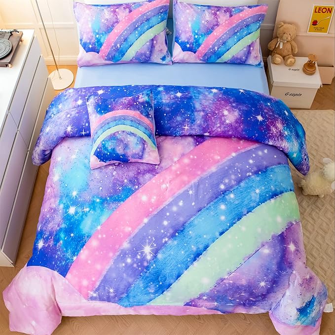 Rainbow Nebula Teen Bedding Comforter Set for Girls, Gradient Glitter Bedding Set Full Size, 3D Tie Dye Blue Comforter Bedding Sets, 6Pcs Bed in A Bag for All Season