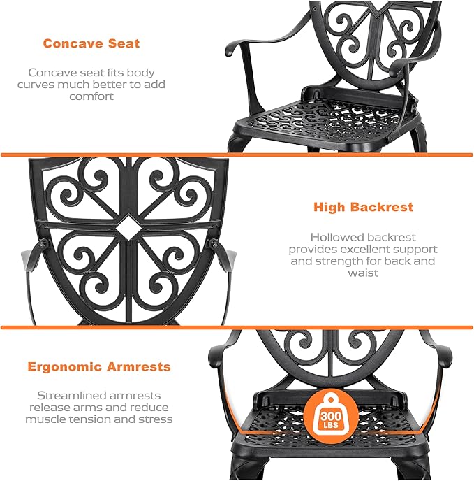NUU GARDEN 3 Piece Outdoor Bistro Set All Weather Cast Aluminum Patio Set Bistro Table Set Rustproof Patio Table and Chairs with Umbrella Hole for Backyard, Balcony, Front Porch, Black
