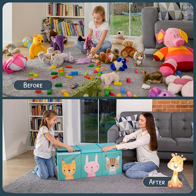 Extra Large Toy Storage Organizer with Lid - Sturdy, Collapsible Toy Chest Storage Box with Cute Design - Toys Bin with Dividers for Kids, Boys, Girls, Nursery, Bedroom, Play room 37"x16"x14"