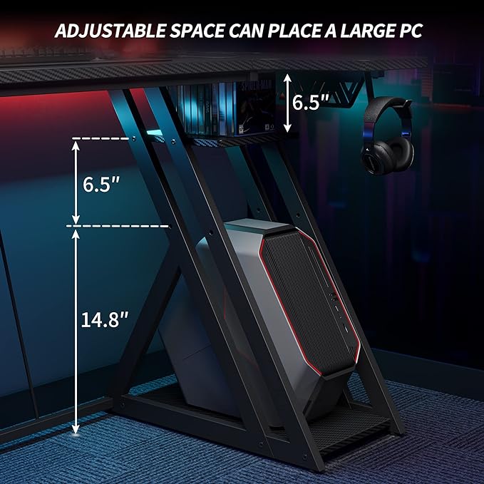 CubiCubi Aurora Gaming Desk with Carbon Fiber Surface, 47 Inch L Shaped Desk with Storage Shelves, Small Corner Computer Desk with Monitor Shelf, Gamer Desk PC Table, Black