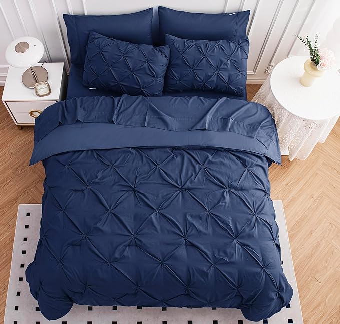 LANE LINEN Twin XL Comforter Set, 5 Piece Twin XL Bedding, Pintuck Twin XL Bed in a Bag, Twin XL Bedding Comforter Sets, Twin XL Bed Comforter Set with Sheets, Pillowcase & Sham, Bed Set - Navy Blue