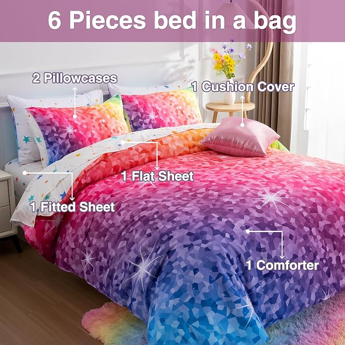 A Nice Night 6Pcs Gradient Abstract Art Grid Mosaic Geometric Bedding Set for Girls, Colorful Rainbow Galaxy Comforter Set, Ultra Soft Bedding Sets (PinkYellow,Full 6Pcs)