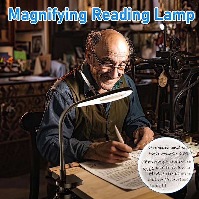 Magnifying Glass with Light, Flexible Gooseneck 3X&5X Glass Lens LED Magnifying Desk Lamp with Clamp, Hand Free Magnifying Lamp with Dust Cover for Reading, Painting, Craft, Repair