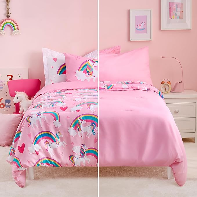 Joiedomi Kid Twin Comforter Set - 5 Piece Unicorn Rainbow Bedding Set for Boys/Girls - Super Soft Microfiber Bed in a Bag with Comforter, Sheets, Pillowcase & Sham