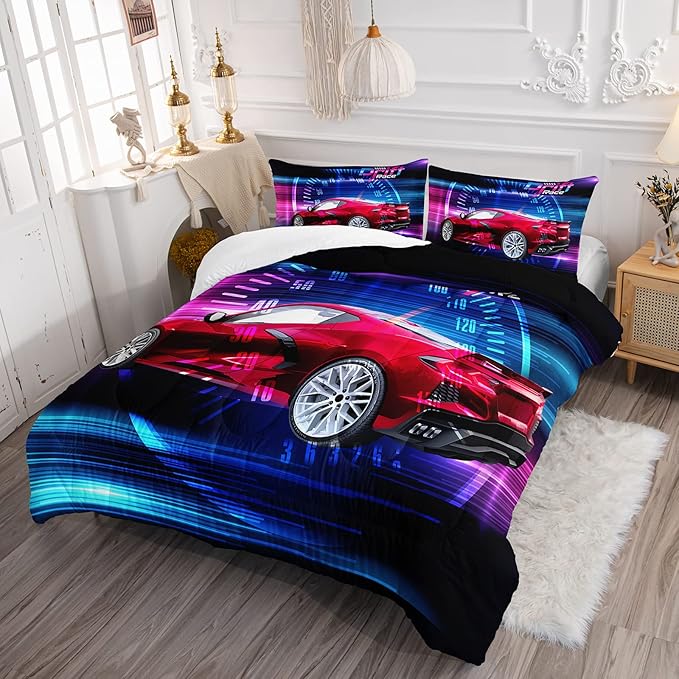 Axolotl Race Car Bedding Set Twin Size,Boys Extreme Sports Comforter Set for Kids Boys Car Racing Gifts,Red Cool Car Comforter Car Sports Quilt Set 1 Comforter Set with 2 Pillowcase Car Racing Gifts