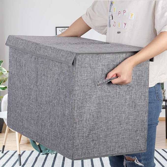 popoly Large Toy Box Chest with Lid, Collapsible Sturdy Toy Storage Organizer Boxes Bins Baskets for Kids, Boys, Girls, Nursery, Playroom, 25"x13" x16" (Linen Gray)